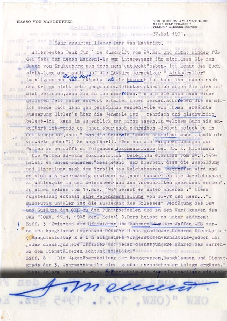 Former Nazi General Letter: MANTEUFFEL, Hasso von (1897-1978) was a German general during World War II who commanded the 5th Panzer Army. He was a recipient of the Knight's Cross of the Iron Cross with Oak Leaves, Swords and Dia