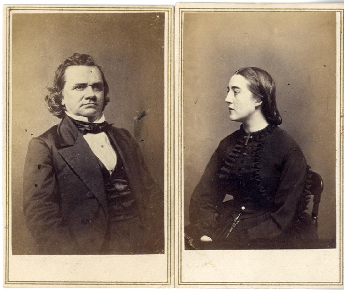 Photographs of Mr. & Mrs. Stephen A. Douglas: Pair of cartes de visite, one picturing Lincoln's political adversary Stephen A. Douglas, the second picturing his wife. Both back marked by J. W. Everett & Co. Purchasing Agents and therefore politic