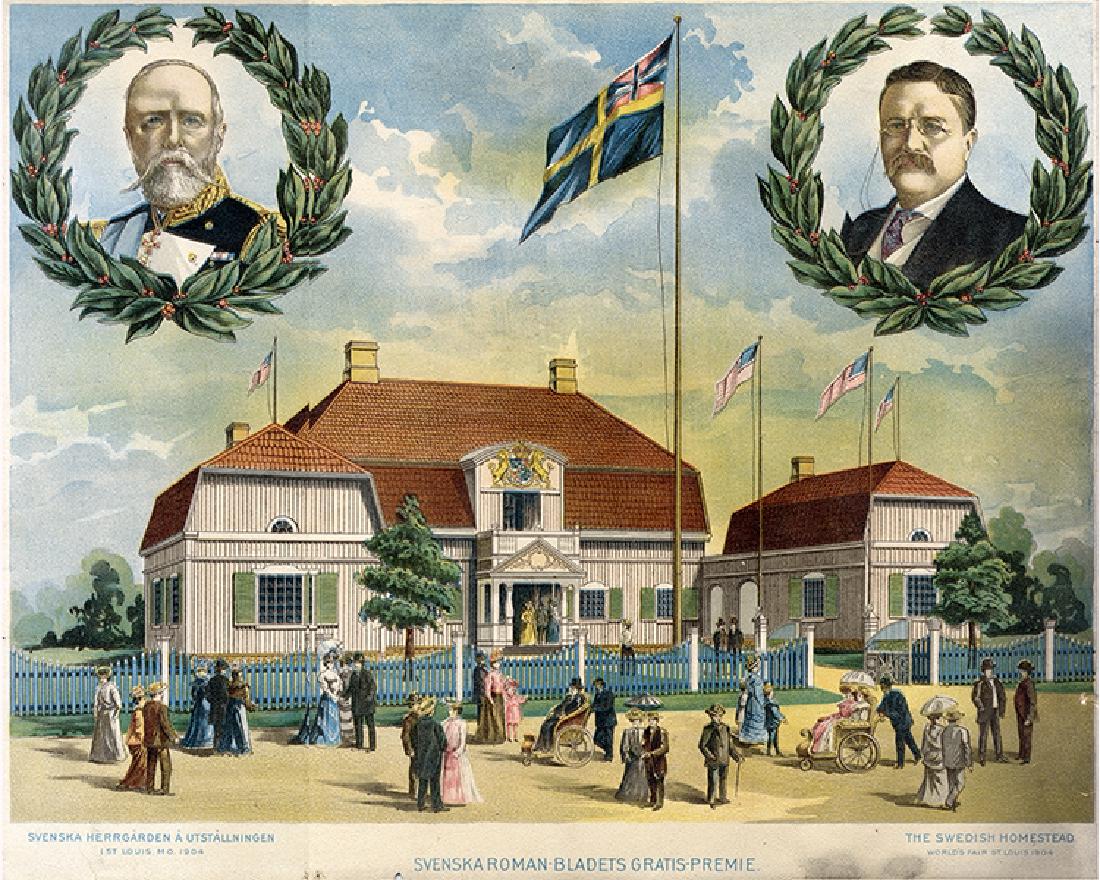 Just Part Of President Roosevelt’s Duties: Color printed Poster, 1904, with Captoion, "Svenska Roman-bladets Gratis-Premie". The poster shows The Swedish hall, but most importantly are the two insets; one President Theodore and the second of K