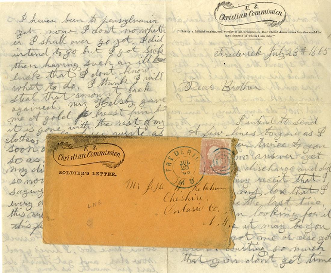 Horney Soldier’s Letter: Autograph Letter Signed by Richard G. Ketchum of the 21st New York Cavalry, 4pp. octavo, pencil, Frederick, July 23, 1865, on U.S. Christian Commission lettersheet, with matching cover, it reads in pa