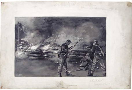 William Henry Shelton Gouache "BREASTWORKS ON FIR: SHELTON, William Henry (1840-1932) Shelton was born at Allen's Hill, New York. Had a great war record, 1st New York Light Artillery, he was a Union artilleryman commanding a center section of Battery