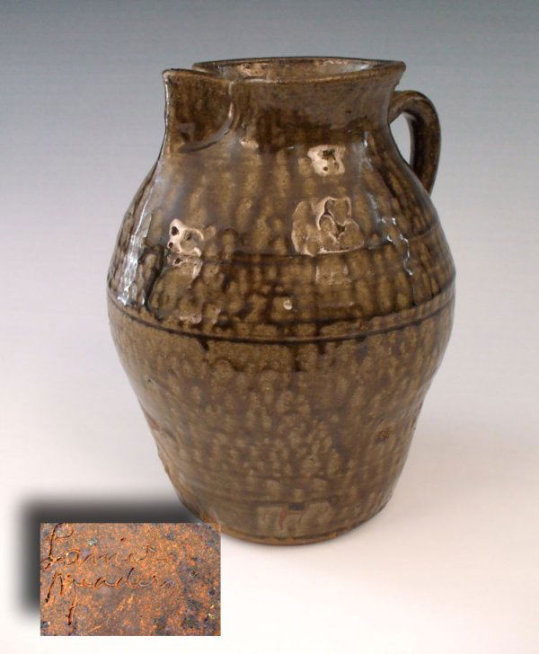Lanier Meaders Alkaline 1 G Pitcher: 1980-1990. Lanier, the giant of Georgia pottery, 1917-1998, son of potter Cheaver Meaders, older brother of living potters Reggie (age 91) and Edwin 'Nub' (age 87). Rare pinched lip form. Nice drips o