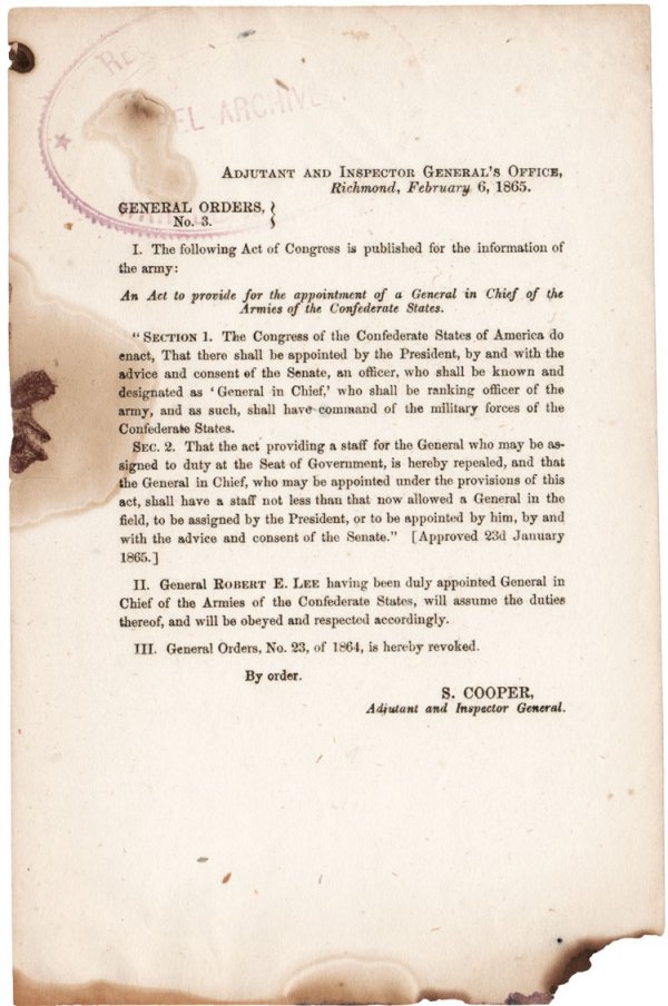 General Lee is Appointed General-in-Chief othe Arm