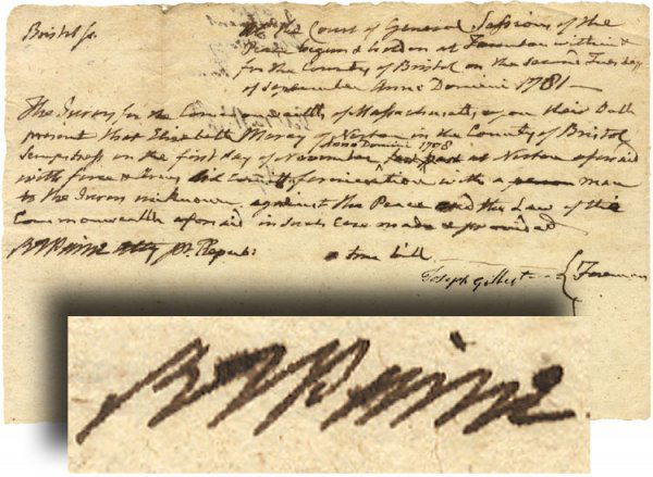 Robert Treat Paine Legal Document about Fornication: PAINE, Robert Treat (1731-1814) Signer of the Declaration of Independence, prosecuted Capt. Thomas Preston and his men for firing on inhabitants of Boston in the "Boston Massacre" in 1770, delegate to