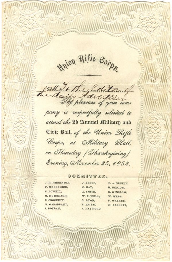 Ornate 1852 Union Rifle Corps Invitation