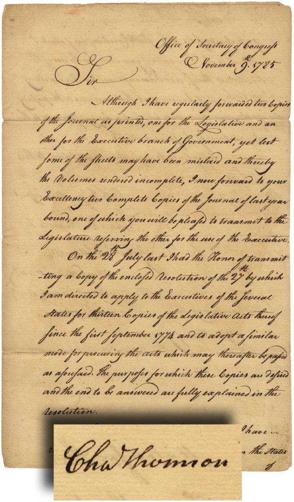 Charles Thomson Signed Congressional Letter: THOMSON, CHARLES (1729-1824) Irish born American patriot, unanimously elected first Secretary of the Continental Congress in 1774 and held the post until 1789, chosen to notify Washington of his elect