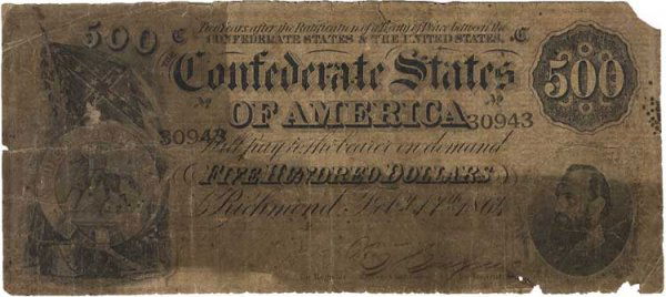 $500 Confederate Note: Circulated $500 Confederate Note, Type 64, issued under the Act of February 17, 1864. The bust of Stonewall Jackson at bottom right. A statue of Washington on left with the words "Deo Vindice" around