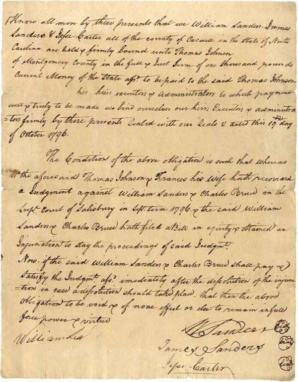 1796 North Carolina Bond: Manuscript Document Signed, "W. Sanders"; "James Sanders"; and "Jesse Carter", 1p. quarto, October 19, 1796, being a bond between those men and Thomas Johnson of Montgomery County, North Carolina, per