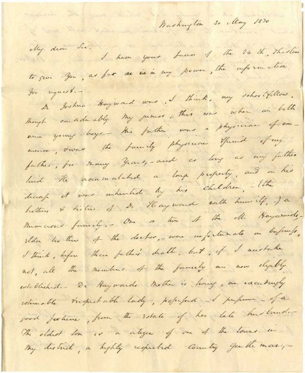 Congressman Edward Everett Writes Letter Of Introd: From the estate of Justice of the United States Supreme Court John McLean. Letter of introduction to Justice John McLean of the United States Supreme Court from Congressman Edward Everett of Massachus