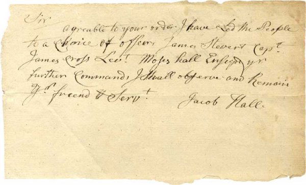 Vermont Revolutionary War Letter: War-date Autograph Letter Signed, "Jacob Hall", 1p. oblong octavo, addressed to Colonel Thomas Johnson in Newbury, Vermont, it reads "Agreeable to your order I have led the People to a choice of Offic