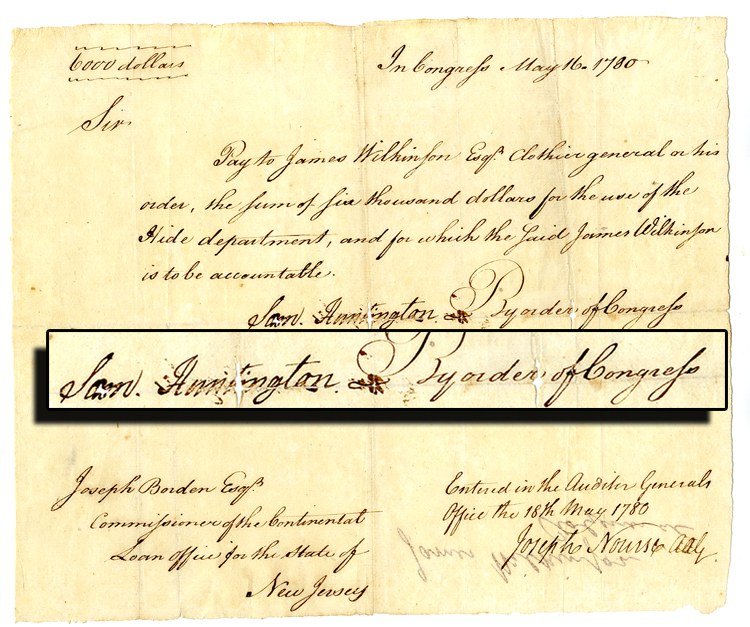 Samuel Huntington as President of the Continental: HUNTINGTON, Samuel (1731-1796), as a jurist, statesman, and Patriot in the American Revolution from Connecticut. As a delegate to the Continental Congress, he signed the Declaration of Independence an