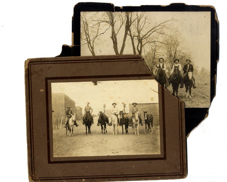 The Old West Cowboys: A pair of mounted albumen photographs. Both mounts have large chips but only touch the photograph. each photo shows six mounted cowboys, one with a town background and Blackman on a white horse; the o