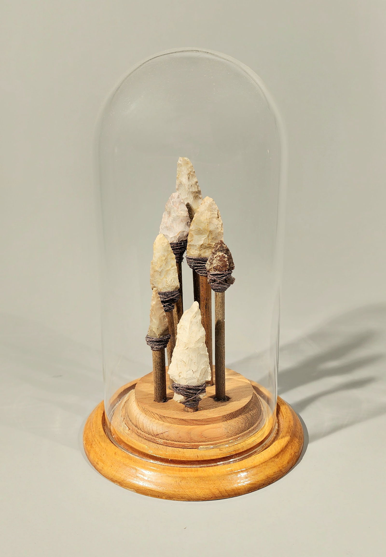 Six Mounted Stone Arrowheads Displayed in Glass Dome Case (1 of 9)
