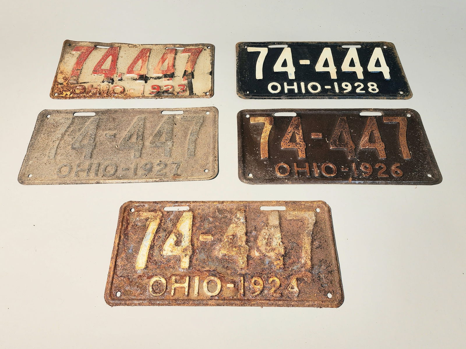 Set of Five License Plates- 74-444 Ohio, 1923-1928 (1 of 2)