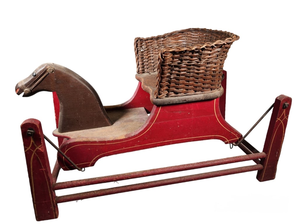 Child Rocking Horse with Wicker Seat: H 20.5 x L 32.5 Inches