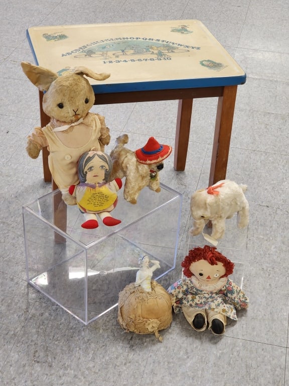 Child's Table and Collection of Toys Including 1920's Silk Plush Elephant: Table H 19 x L 16 x D 20 Inches. 1920's plush H 4 Inches