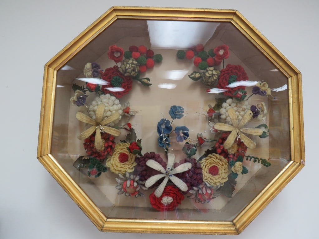 Victorian Wool Work Wreath in Wooden Case (1 of 3)