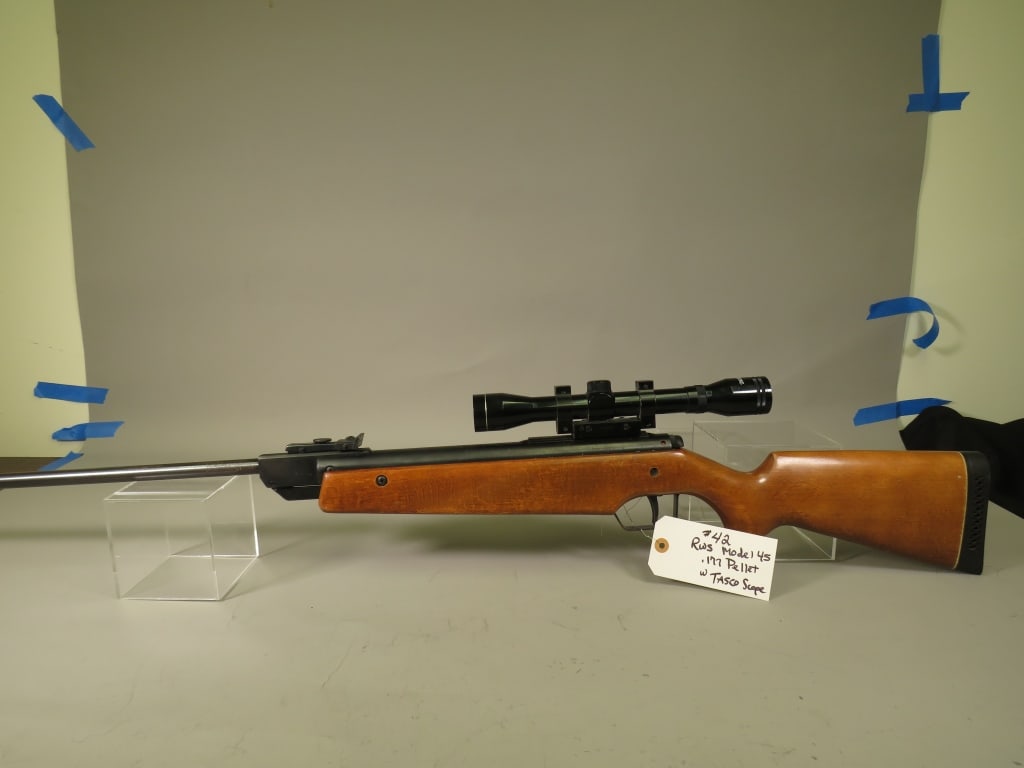 RWS Model 45 .177 Pellet Gun: Come w/ Tasco 4x32 Scope By bidding on this lot buyer accepts responsibility of knowledge of State and Federal laws for their states requirements to purchase firearms.