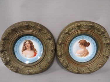 (2) Framed Metal/Porcelain Portrait Plates