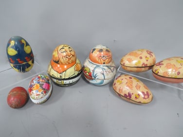 (6) Tin Eggs & (2) Tin Tobacco Containers