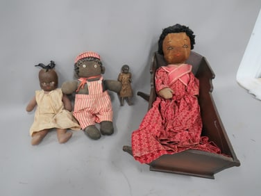 (4) Black Am. Dolls w/ Early Cradle