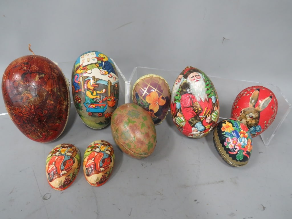 (8) Paper Mache German Eggs: Various sizes. Good Condition, Normal Wear.