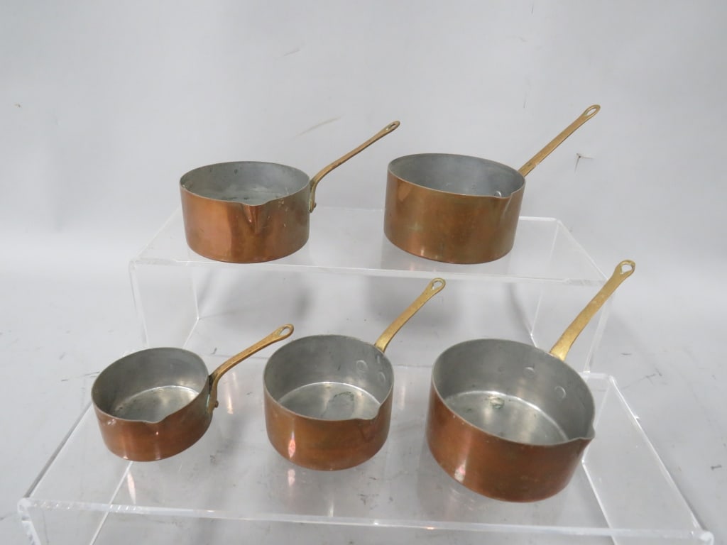 (5) Miniature Copper Pans: Brass Handles. Good Condition.