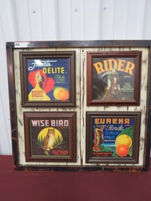 (4) NOS Framed Square Fruit Labels