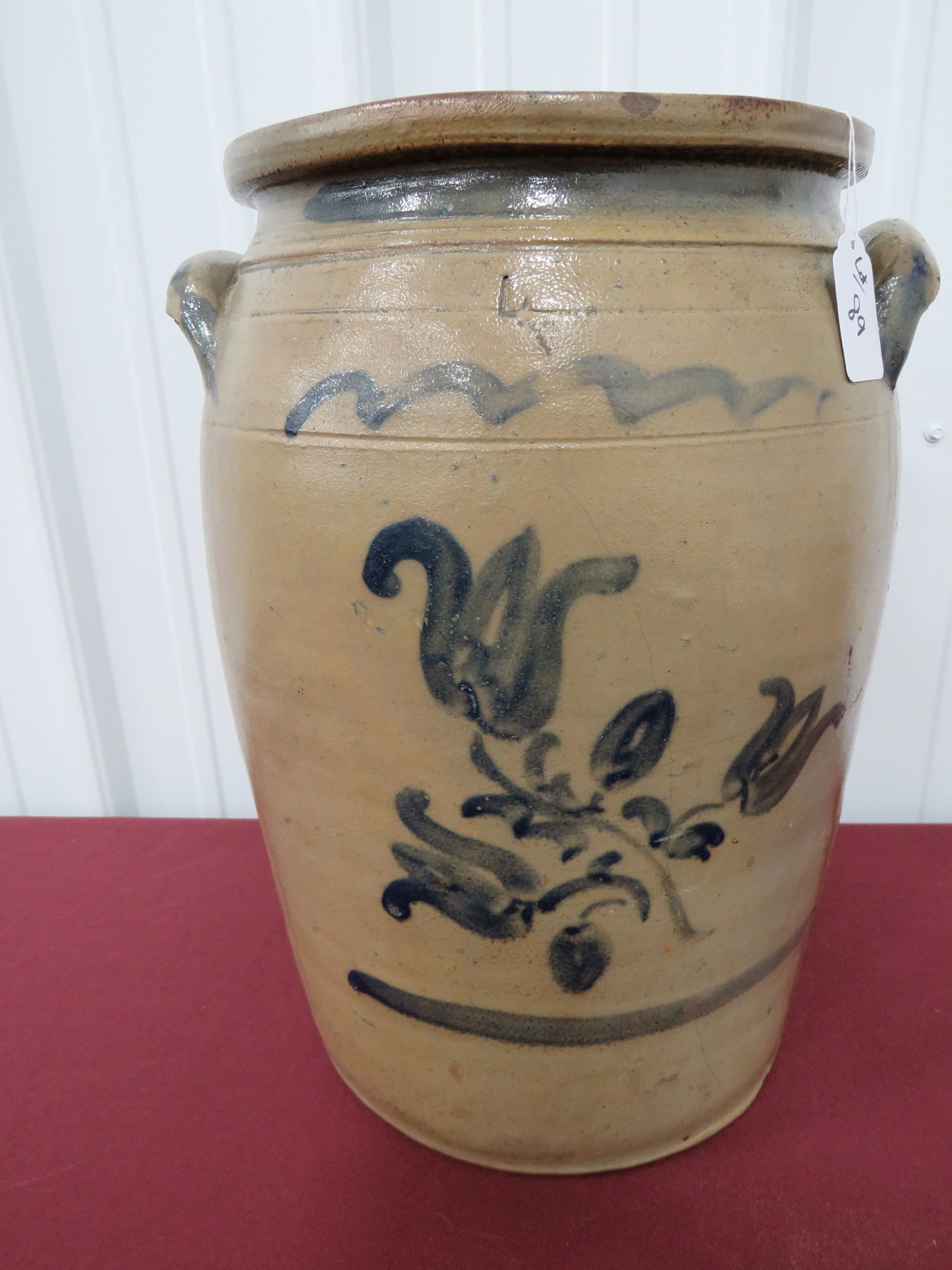 4 Gal. Western PA Stoneware Jar: Cobalt Floral decor, long spider line, 8½" inverted "Y" on reverse, 2 chips ea. ext./int. rim, 1" chip underside, sm chip/short crack on handle