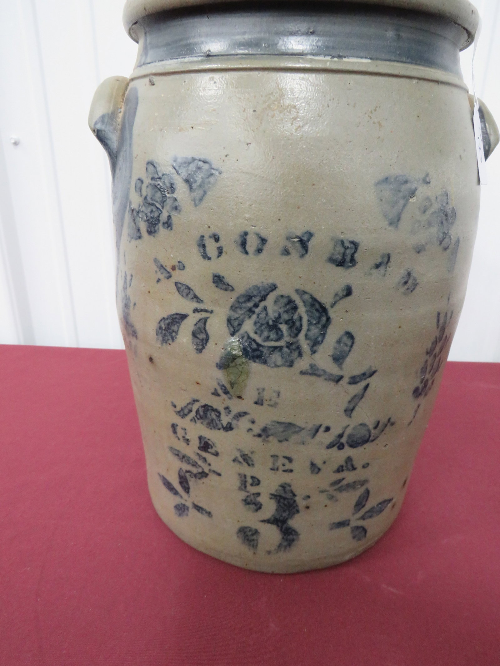 3 Gal. A Conrad Stoneware Jar: Stenciled rose, other floral motif, stenciled "3", "Y" surface line front