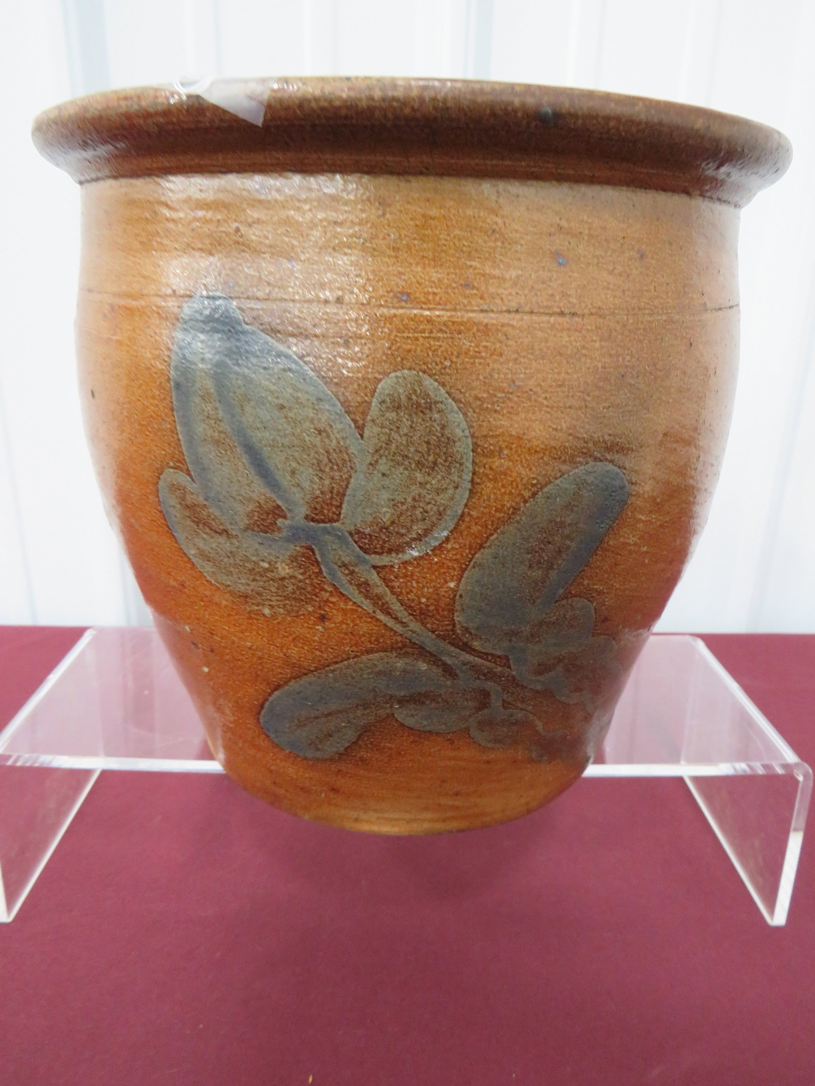 Stoneware Cream Jar: 1 gal, cobalt floral tulip motif, semi-circle line underside