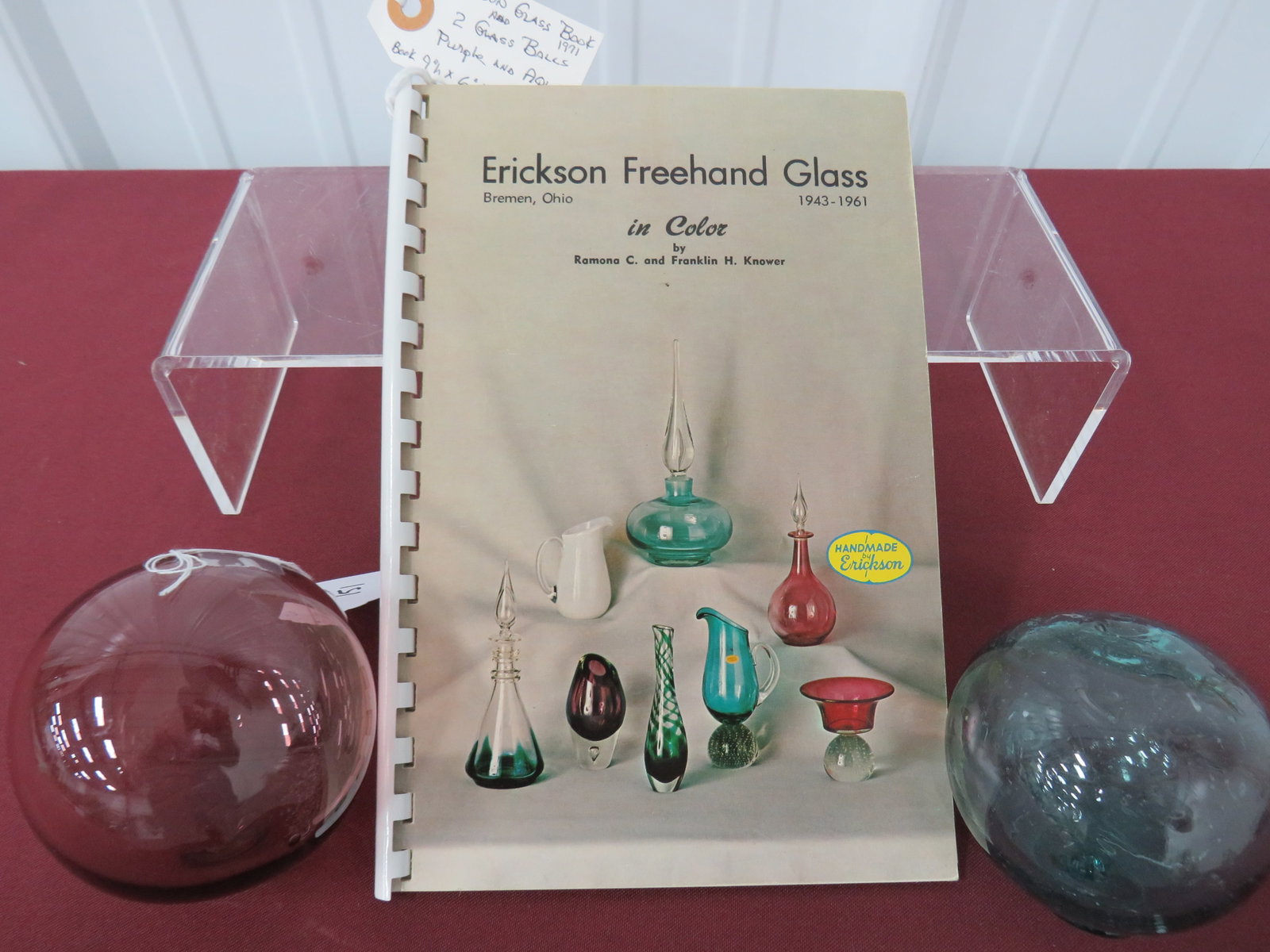 Erickson Glass Book & 2-Glass Balls: 1971, Purple & Aqua