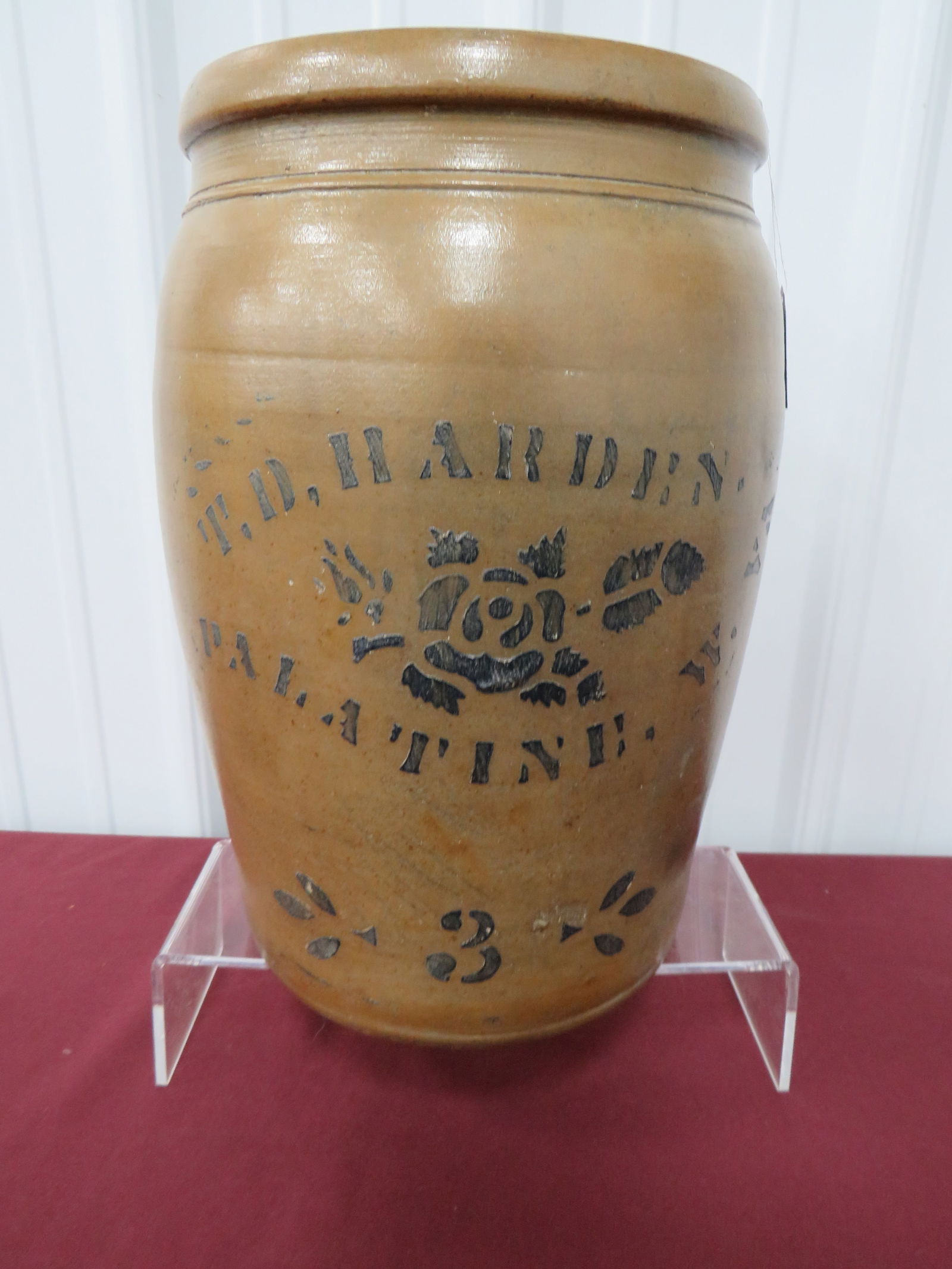 3 Gal. T.D. Harden Jar: steciled rose, Palatine, WV, 1¼" chip to int. rim, ½" crack to int. rim, 3 3/8" line underside