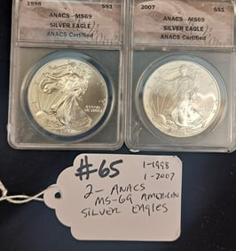 (2) ANACS MS-69 American Silver Eagles