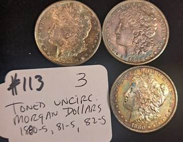 3 Toned Uncirculated Morgan Dollars