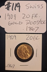 1909 Swiss 20 Franc Gold Rooster