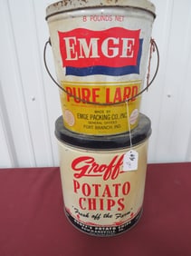 2-Advertising Tins EMGE Lard w/ Groff?s Chips