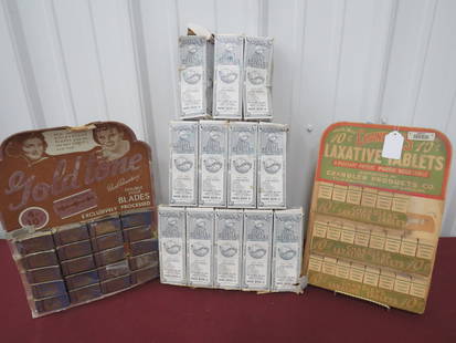 NOS 3-Advertisement Store Displays: Chandler Laxatives - Gold Tone Razor Blades - Universal Pain Expeller - empty
