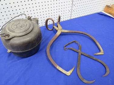 2 Pair Ice Tongs & Cast Iron Coffee Pot