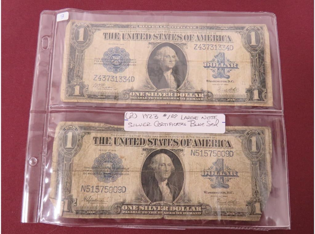 (2) 1923 $1.00 Large Note Silver Certificates Blue: A great addition to anyone's collection!
