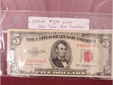 1953 A $5.00 Note Red Seal Fine Condition