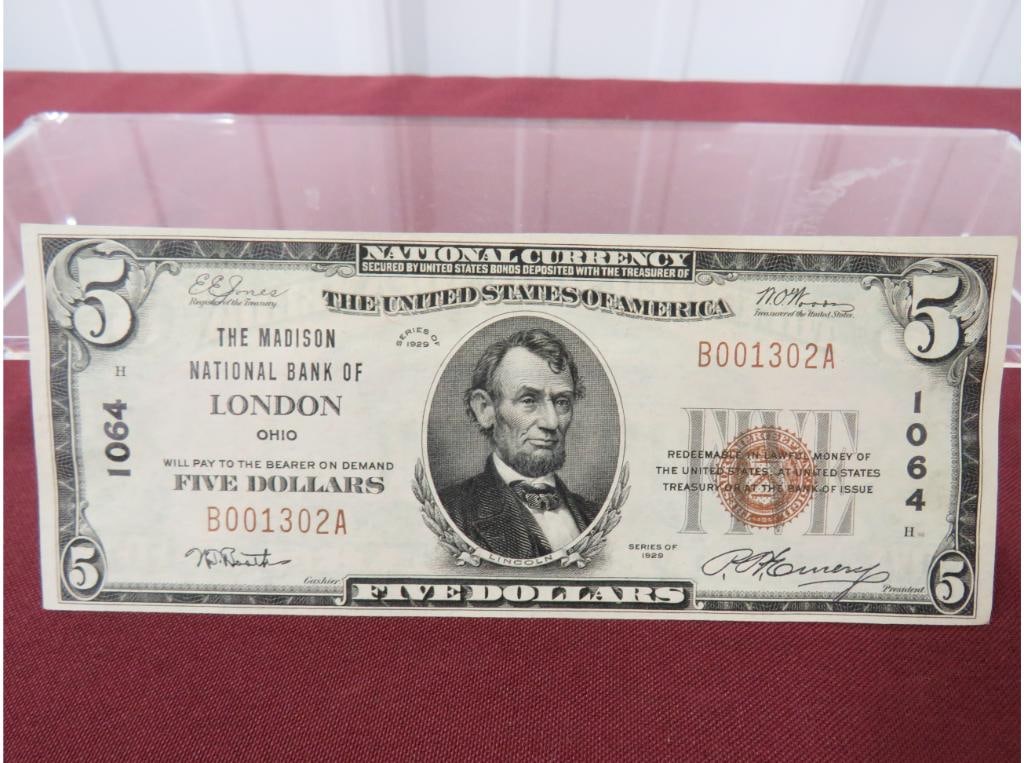 1929 National Currency $5.00 Red Seal V Fine: Madison Nat'l Bank London, Ohio