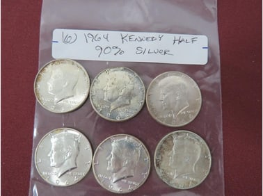 (6) 1964 Kennedy Half 90% Silver
