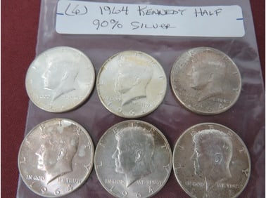 (6) 1964 Kennedy Half 90% Silver