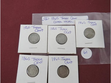 (5) 1865 Three Cent Copper Nickel