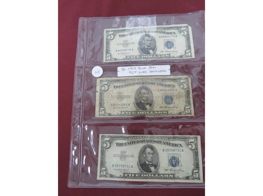 (3) 1953 Blue Seal $5.00 Silver Cert.: A great addition to anyone's collection!