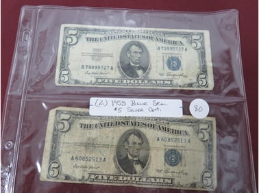 (2) 1958 Blue Seal $5.00 Silver Cert.