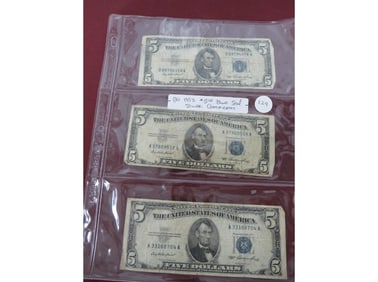 (3) 1953 $5.00 Silver Cert. Blue Seal
