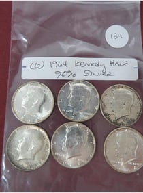 (6) 1964 Kennedy Half 90% Silver