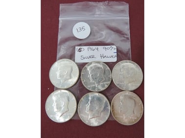 (6) 1964 Halves 90% Silver